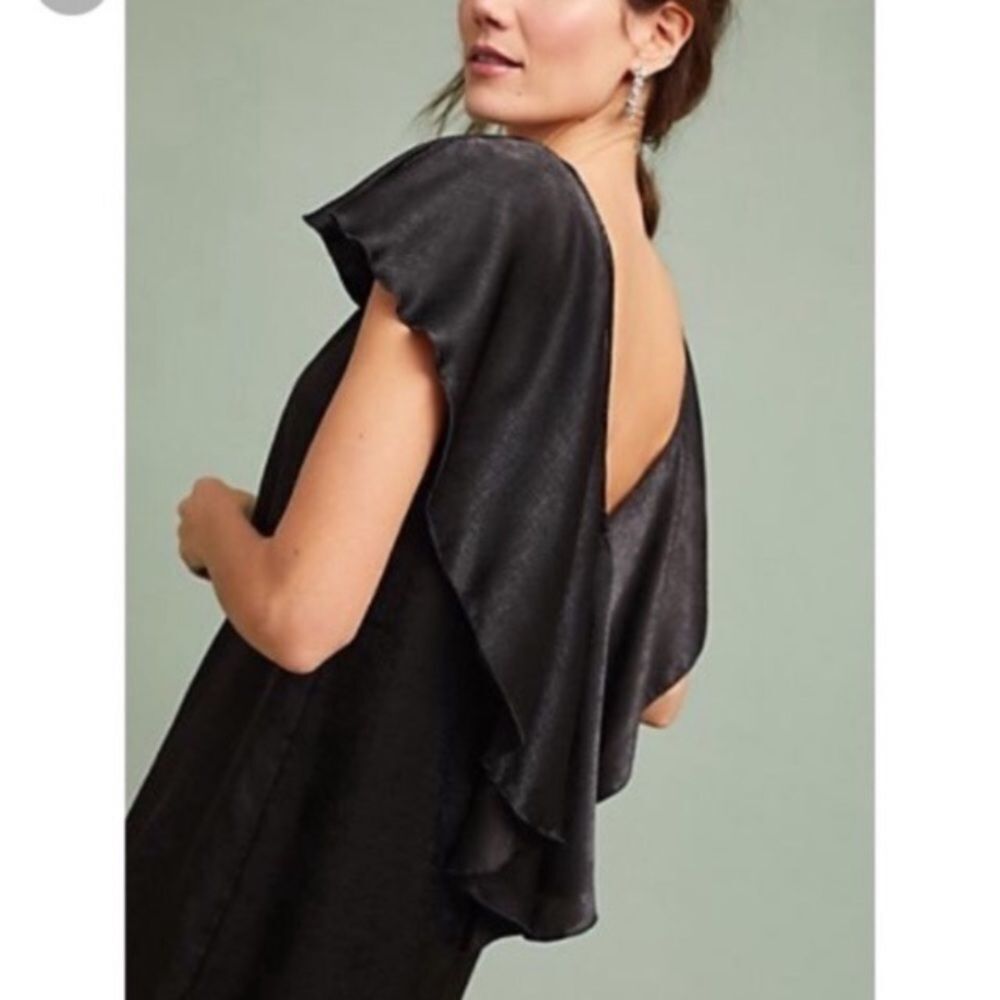 The Odells Black Satin Flutter Sleeve Open Back Mini Dress Size S NWT Anthropolo - Picture 3 of 11